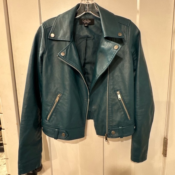 Coffee shop Teal pleather biker jacket xs. - Picture 3 of 11